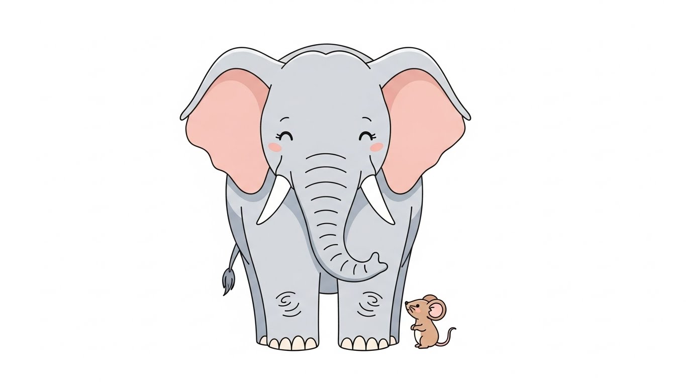 A friendly illustration of a huge elephant standing next to a tiny mouse. White background. Clear contrast in size. Minimalist style, soft pastel colors.