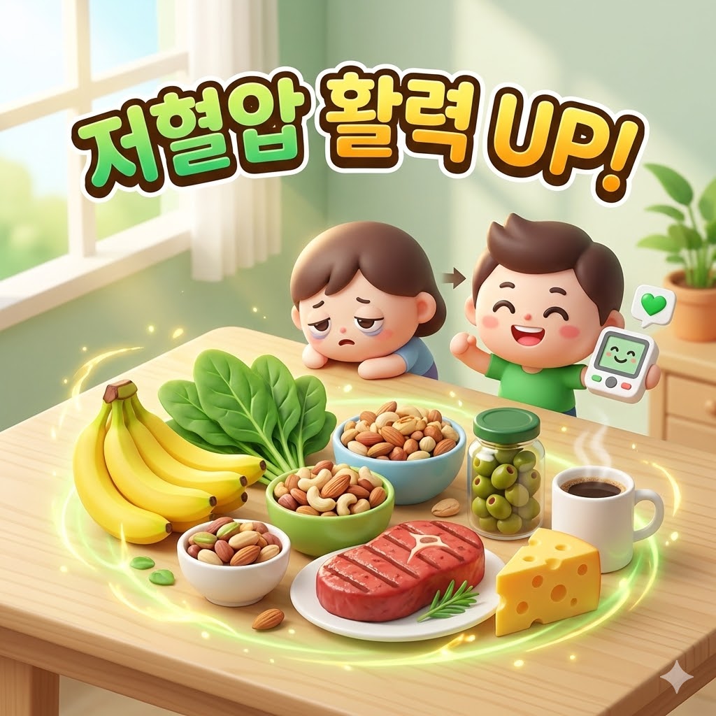 저혈압 환자에게 활력을 주는 다양한 건강 음식들이 테이블에 놓여있고, 옆에는 귀여운 캐릭터가 에너지를 얻는 모습이 담긴 3D 카툰 일러스트.