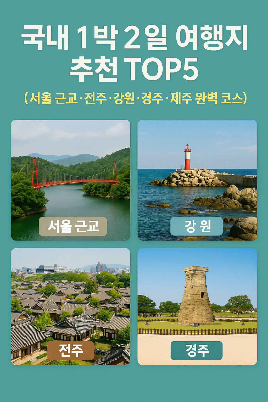 국내 1박 2일 여행지 추천 TOP5 (서울 근교&middot;전주&middot;강원&middot;경주&middot;제주 완벽 코스) 관련 사진