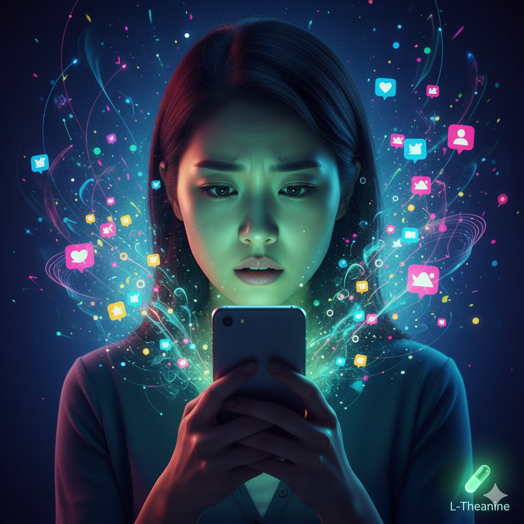 도파민 홍수 속에서 L-테아닌의 차분한 빛을 받는 20대 여성