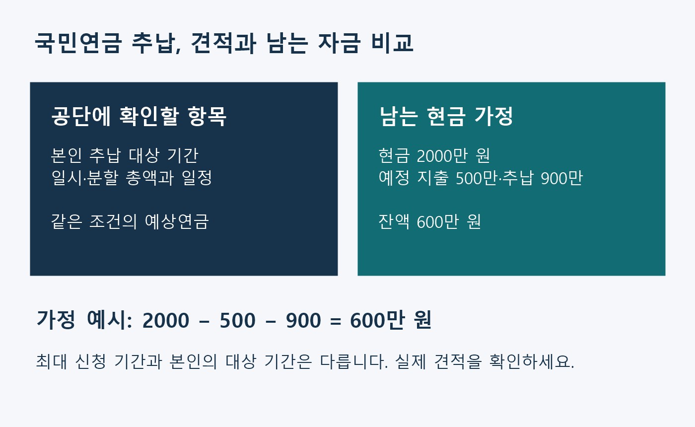 추납 대상 기간과 일시·분할 견적을 확인하고 현금 2000만 원에서 예정 지출 500만 원과 추납 900만 원을 뺀 600만 원 잔액을 계산한 가정 도표