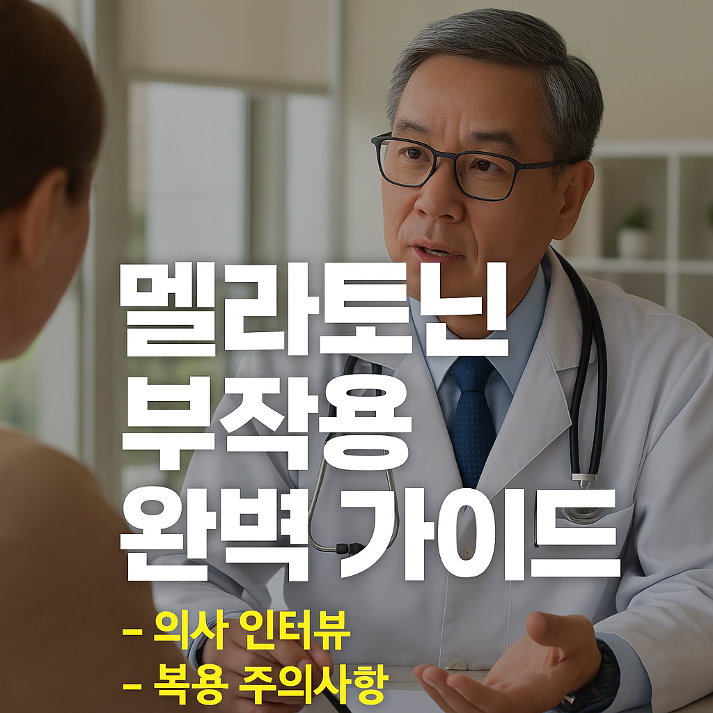 중년의 아시아계 남성 의사가 멜라토닌 부작용에 대해 환자와 상담하는 장면. 흰 가운과 청진기를 착용하고 진지한 표정으로 설명하고 있음.