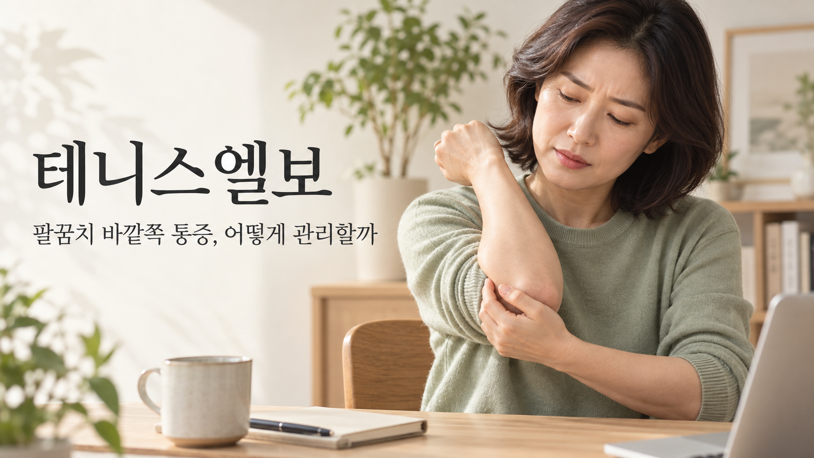팔꿈치를 살피는 여성 옆에 ‘테니스엘보, 팔꿈치 바깥쪽 통증, 어떻게 관리할까’라는 제목이 적힌 이미지