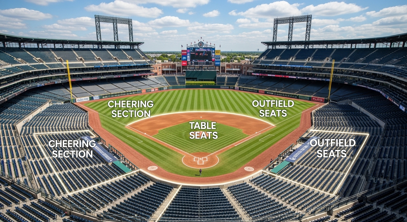 한국시리즈 야구 경기장의 다양한 좌석 배치도, 응원석과 테이블석이 표시되어 있음