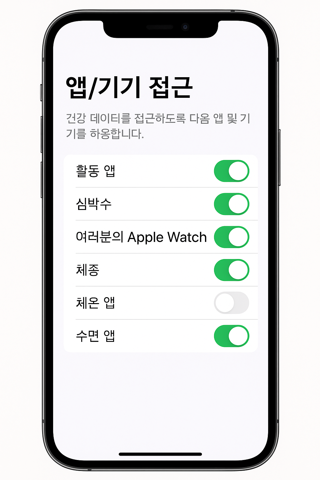iPhone 건강 앱에서 앱/기기 접근 권한을 토글로 관리하는 화면 예시