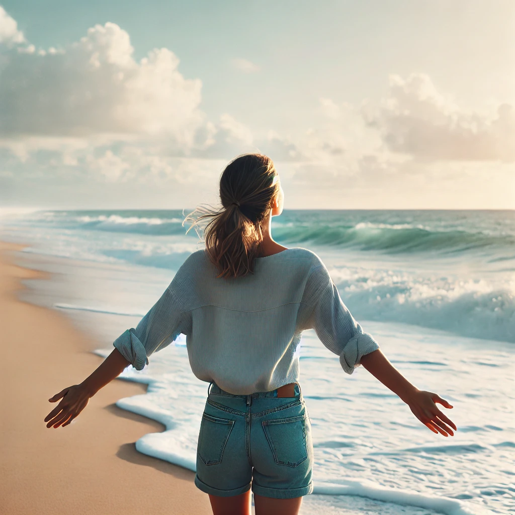 바닷가에서 수증기를 흡입하는 여성사진