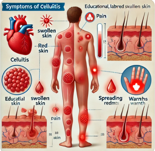 봉와직염 증상 인포그래픽 → 붉은 피부, 열감, 통증 등 핵심 증상