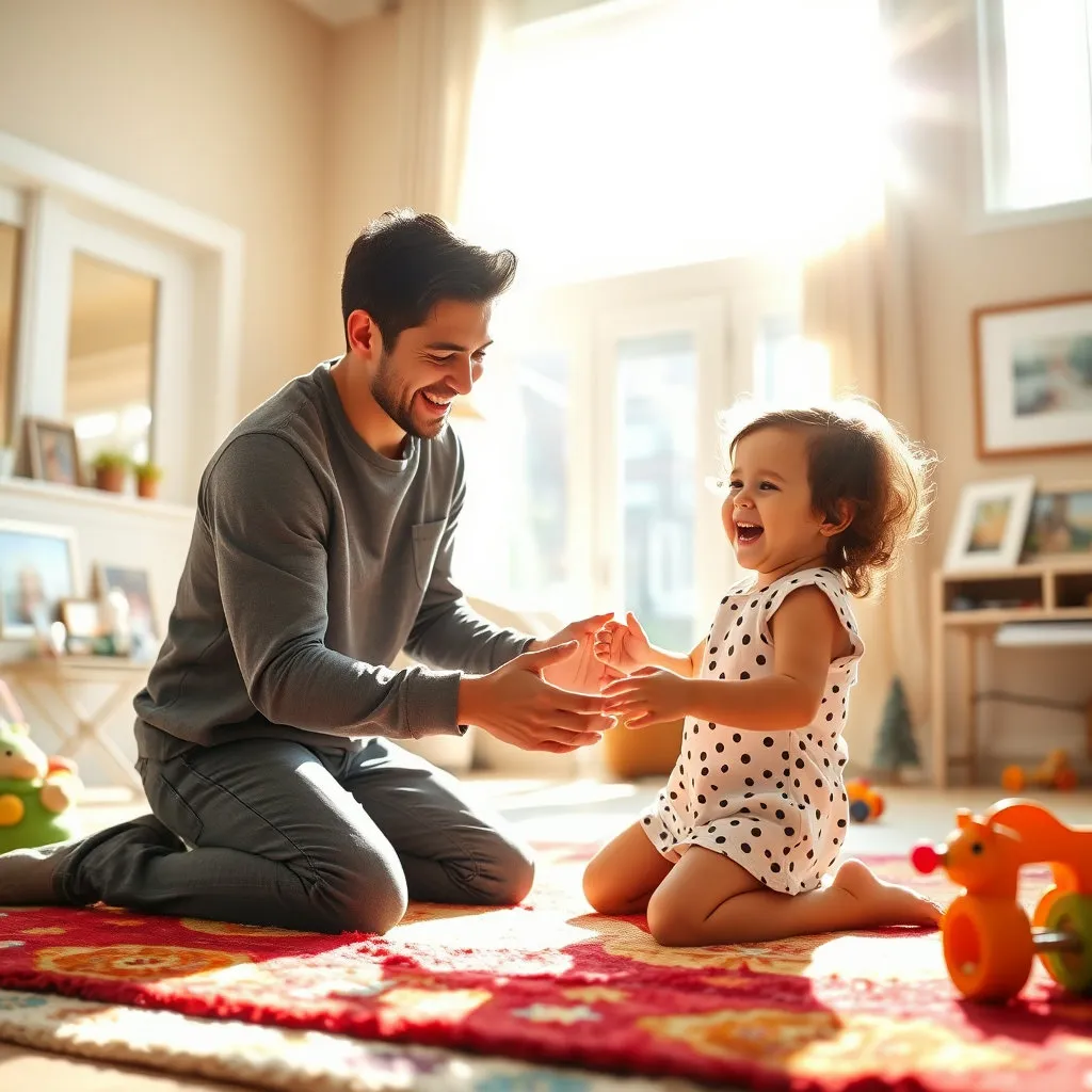 햇살이 비치는 거실에서 부모 중 한 명이 아이와 함께 밝게 웃으며 놀아주는 모습입니다. 자연스러운 포즈와 표정으로 가족의 유대감과 행복을 강조하며, 따뜻하고 포근한 분위기를 연출합니다.