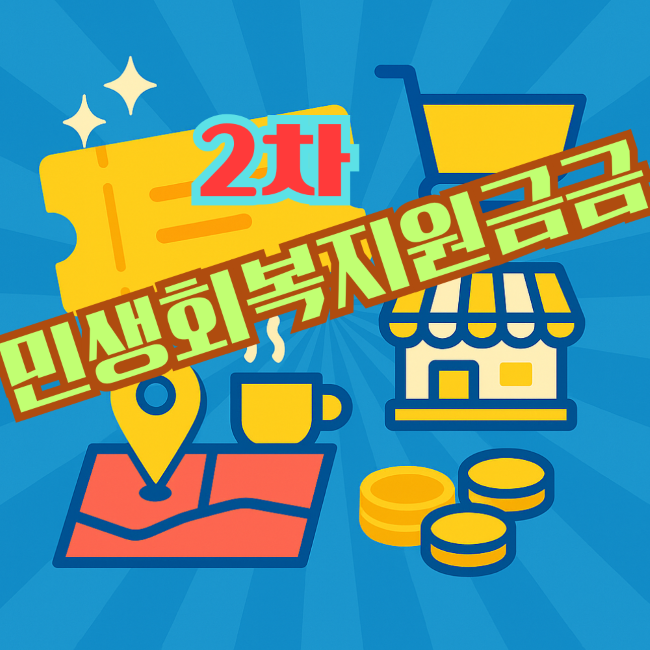 "밝은 블루 라디얼 배경 위에 연노랑 쿠폰, 쇼핑카트, 카페잔, 상점, 지도와 위치핀, 동전 아이콘이 모여 있는 일러스트. 왼쪽과 상단에 '2차 민생회복지원금'이라고 쓰여
 있음"