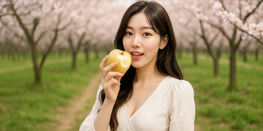 배를 한입 배어 물고 있는 사람