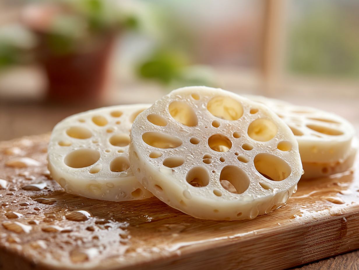 손질되어 슬라이드 된 연근