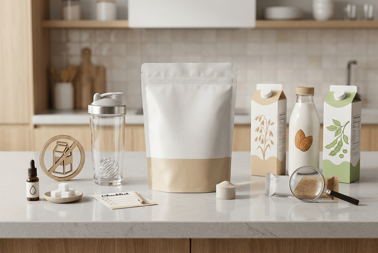 40대 프로틴 선택을 위해 쉐이커와 유당 대체 음료 옆에 단백질 파우더를 놓아 비교하는 장면. 유당불내증과 감미료 체크 포인트를 떠올리게 한다.