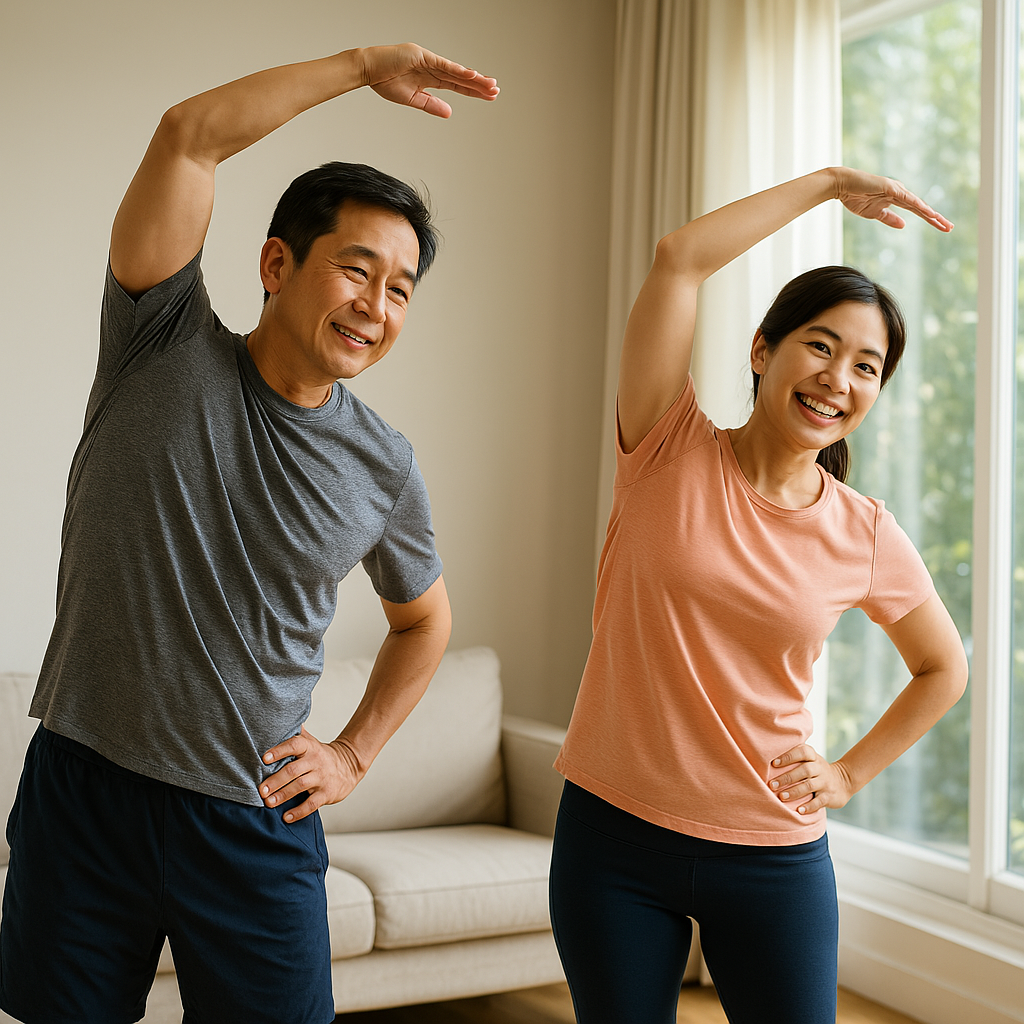 햇빛이 들어오는 거실이나 공원에서 스트레칭하는 가족의 모습