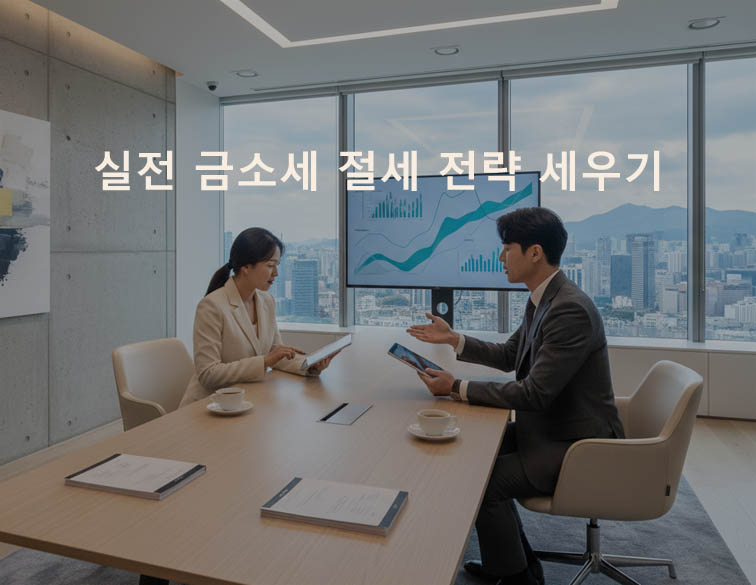 세련된 정장을 입은 컨설턴트와 고객이 VIP룸에서 상담하는 모습. 화면에는 '실전 금소세 절세 전략 세우기'라는 문구가 표시됨
