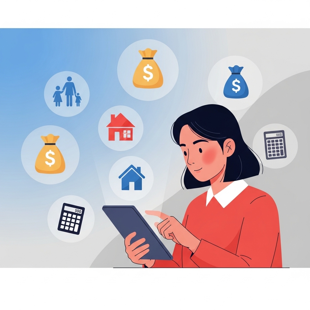 2025년 달라진 소득 기준에 맞춰 청년들이 주택, 생활 지원금을 통해 미래를 계획하는 희망찬 모습