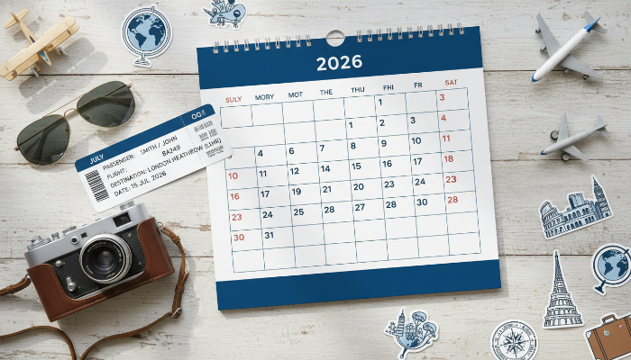 2026년 달력과 카메라, 항공권이 놓인 여행 계획 컨셉 이미지