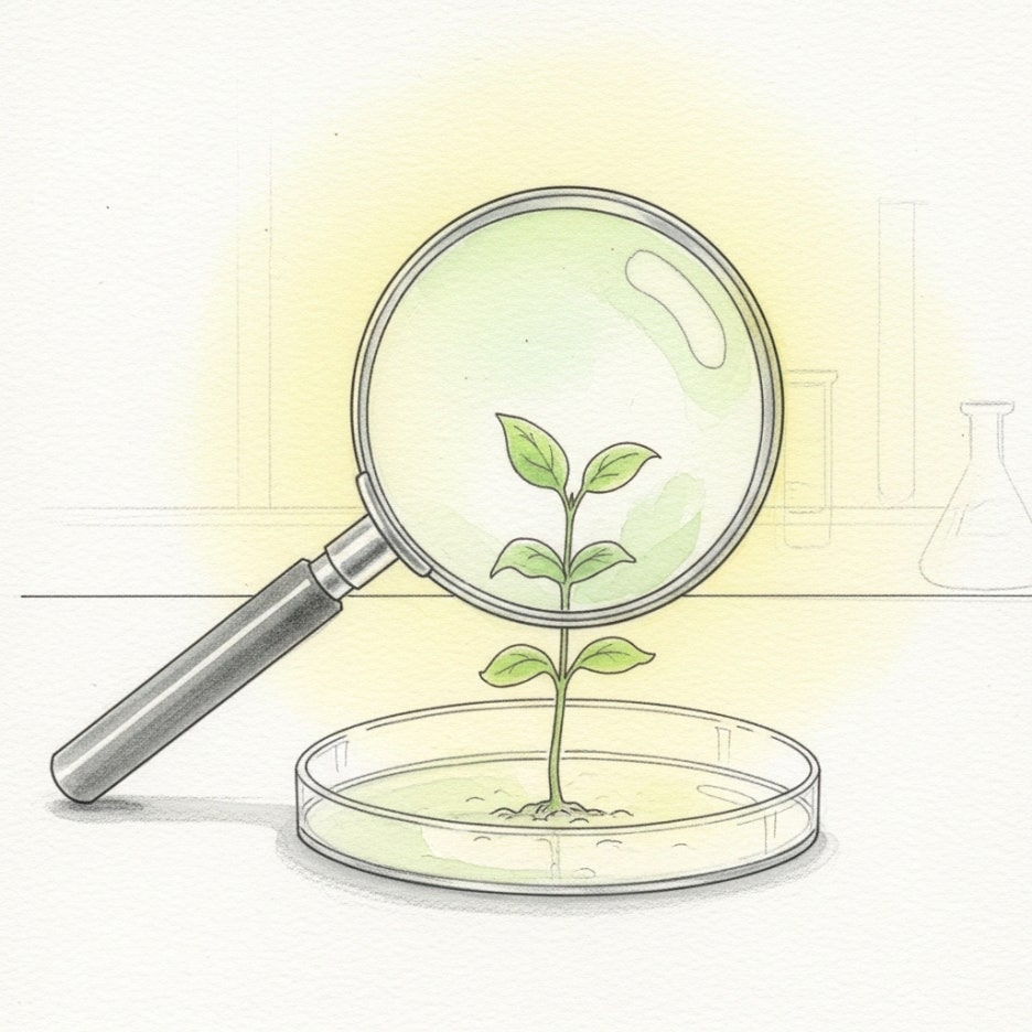 돋보기로 어린 식물을 관찰하며 정성을 들이는 장면