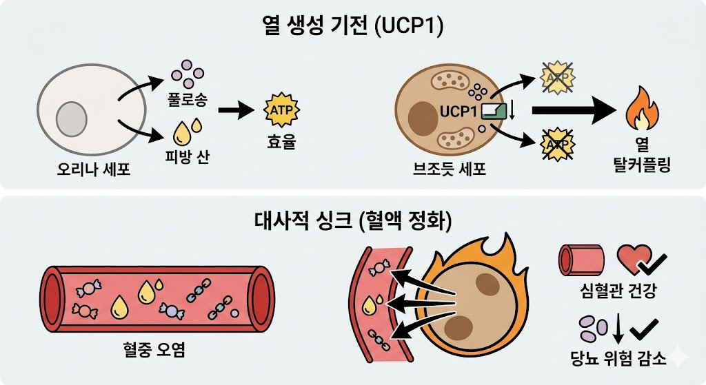 UCP1 단백질의 열 생성 기전과 혈액 정화 기능을 설명하는 인포그래픽입니다. 상단은 에너지가 ATP 대신 열로 전환되는 원리를, 하단은 혈중 성분을 흡수해 심혈관 건강을 돕고 당뇨 위험을 낮추는 대사적 싱크 역할을 아이콘으로 시각화하여 보여줍니다.