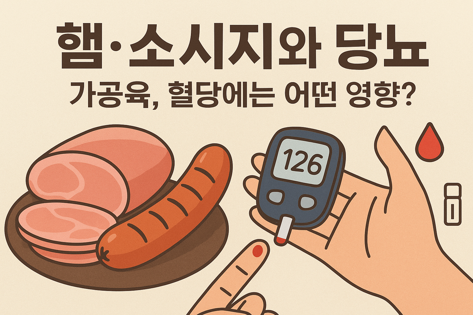 “햄과 소시지가 담긴 접시와 혈당 측정기를 손에 들고 있는 그림. 혈당 수치 126이 표시되어 있으며, 상단에는 ‘햄·소시지와 당뇨 – 가공육, 혈당에는 어떤 영향?’이라는 문구가 적혀 있다.”