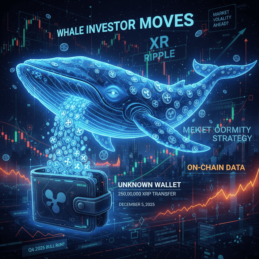 암호화폐 시장에서 2025년 12월 5일, 고래 투자자가 2억 5천만 XRP를 미상 지갑으로 전송하는 디지털 이미지가 시장 변동성을 암시합니다