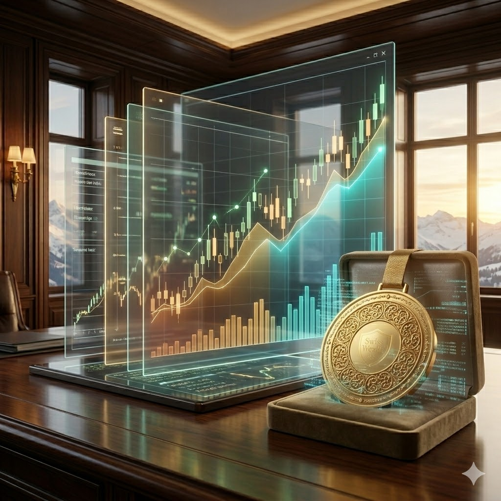 Advanced conceptual visualization comparing historical gold price trends with the performance index of tokenized RWAs (the hidden asset) in real-time.