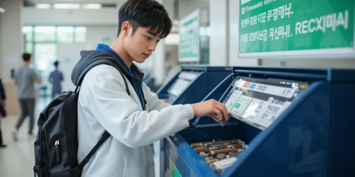 다 쓴 건전지를 공공 수거함에 정리해서 배출하는 장면