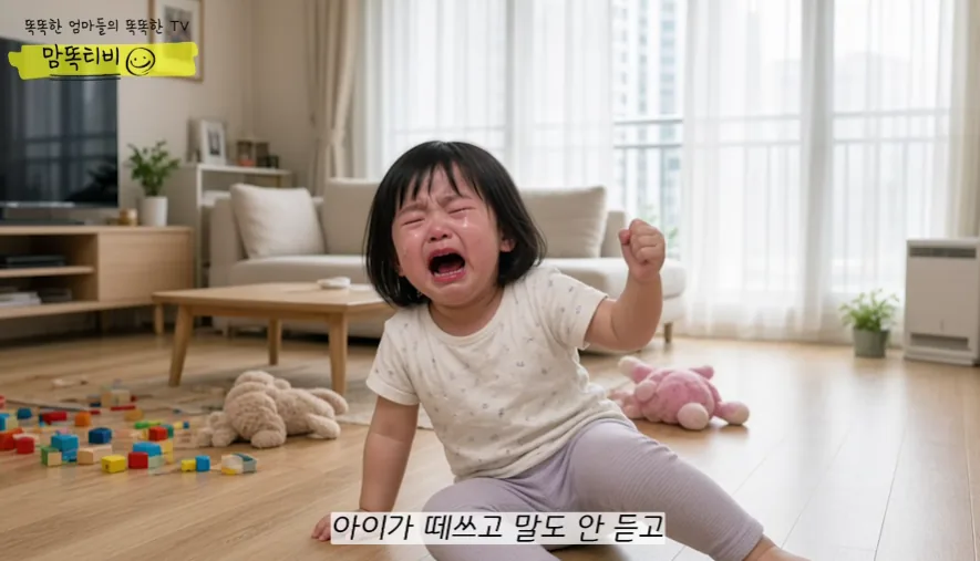 거실 바닥에 앉아 울면서 떼를 쓰는 아이의 모습과 감정조절 및 부모 훈육을 다룬 교육 영상 장면