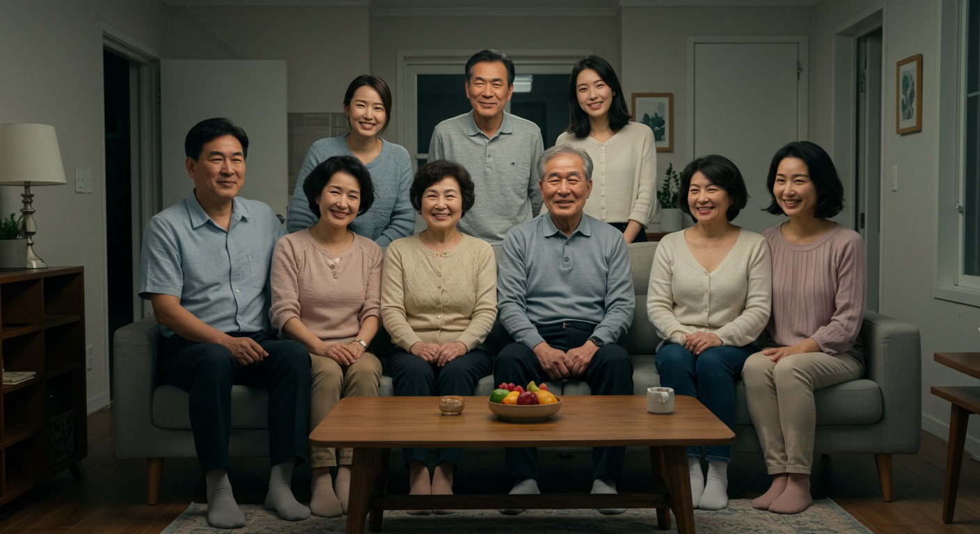 밝게 웃는 한국 가족들이 거실에 모여 있는 모습, 따뜻한 분위기의 가정 장면