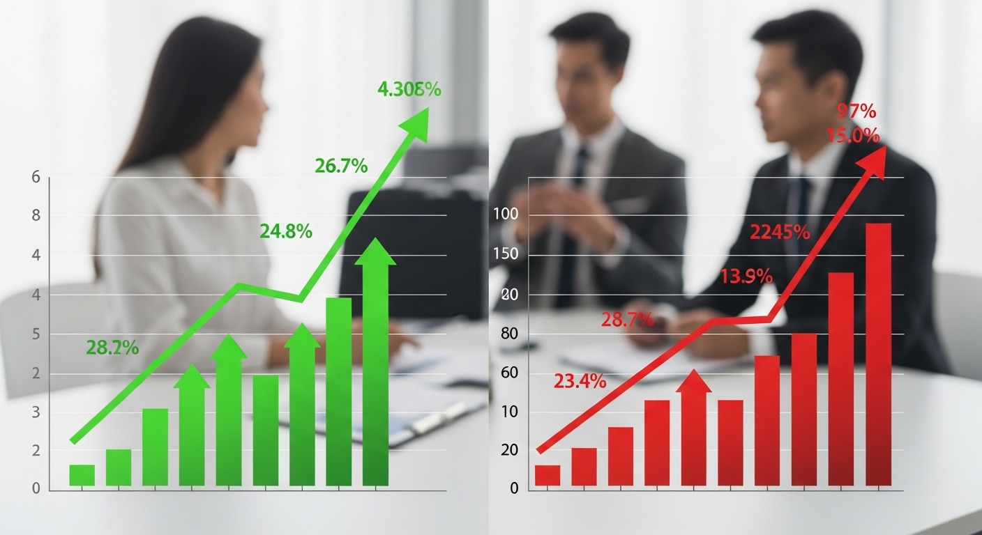 급격히 오르는 주택 가격 그래프와 안정적인 그래프가 대조적으로 표현된 이미지로, 통계 해석의 차이를 시각화합니다.