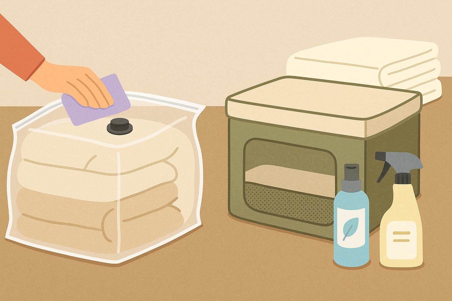 이불을 압축팩에 보관하는 장면과 지퍼형 보관 가방, 곰팡이 방지 스프레이가 함께 놓인 일러스트