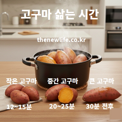 작은 고구마·중간 고구마·큰 고구마의 크기별 삶는(찌는) 시간을 함께 표시한 이미지.