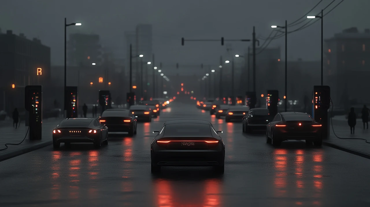 첨단 지속 가능한 배터리로 구동되는 전기차들이 활기차게 달리는 미래 도시의 모습이 세계 시장 트렌드를 반영하고 있습니다.