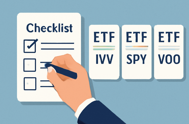 S&P500 ETF인 VOO, SPY, IVV를 비교하기 위한 체크리스트를 작성하는 일러스트