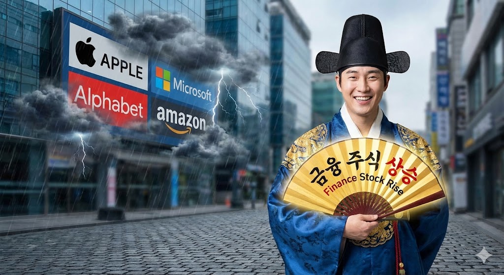 한복을 입은 투자자가 금빛 금융주 부채를 펼치고 웃고 있는 모습과, 그 뒤로 먹구름이 낀 미국 소프트웨어 시장 전광판