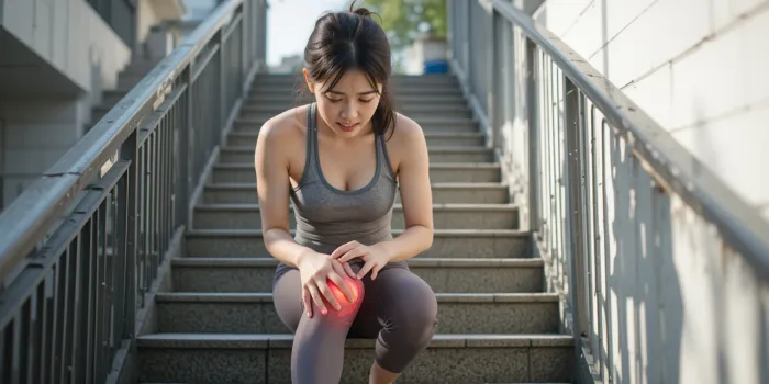 계단 내려가다 통증을 느끼는 여성