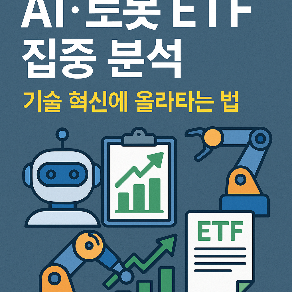 AI와 로봇 산업에 투자하는 테마형 ETF를 상징하는 썸네일 – 반도체 칩, 로봇팔, 자동화 기계 등이 포함된 미래 기술 일러스트