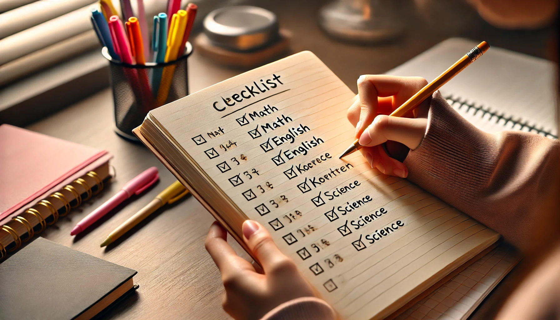 손글씨로 수학, 영어, 국어, 과학 핵심 정리 노트를 적어 내려가는 학생 손 모습