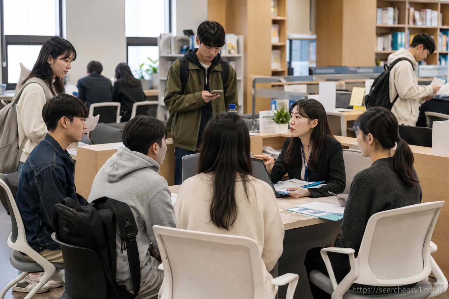 대학생들이 장학금 신청 지원기관에서 서류제출과 가구원 정보제공 동의 절차를 상담받는 모습