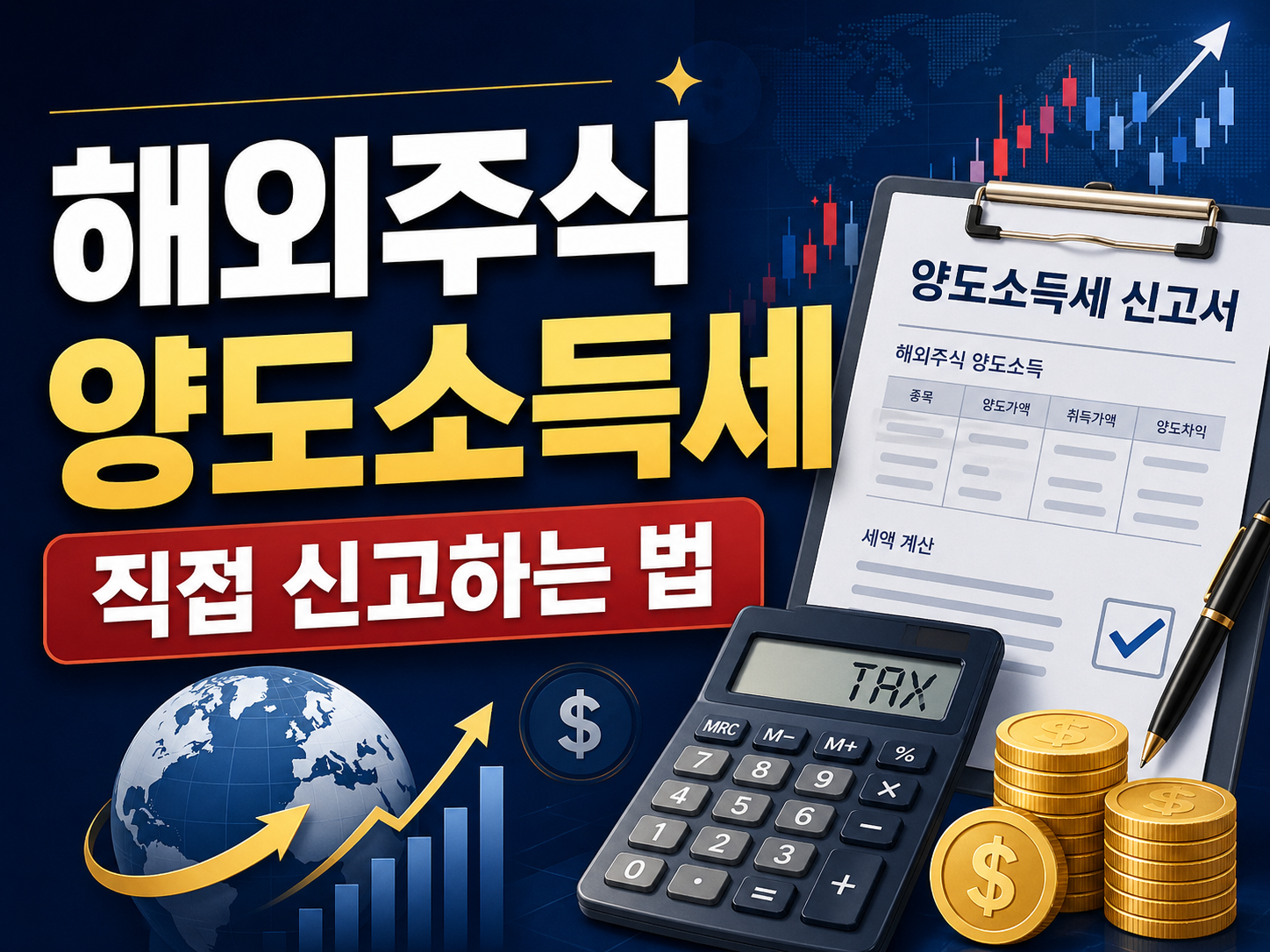 해외주식 양도소득세 직접 신고 방법을 설명하는 썸네일 이미지로, 세금 신고서와 계산기, 해외주식 차트, 달러 코인 그래픽이 함께 배치된 모습.