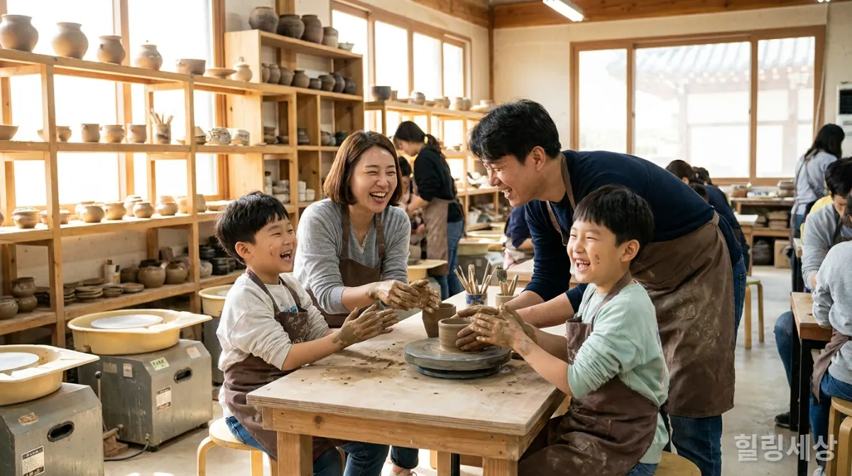 문화 체험 공간에서 도예 체험을 하며 즐거워하는 한국인 가족