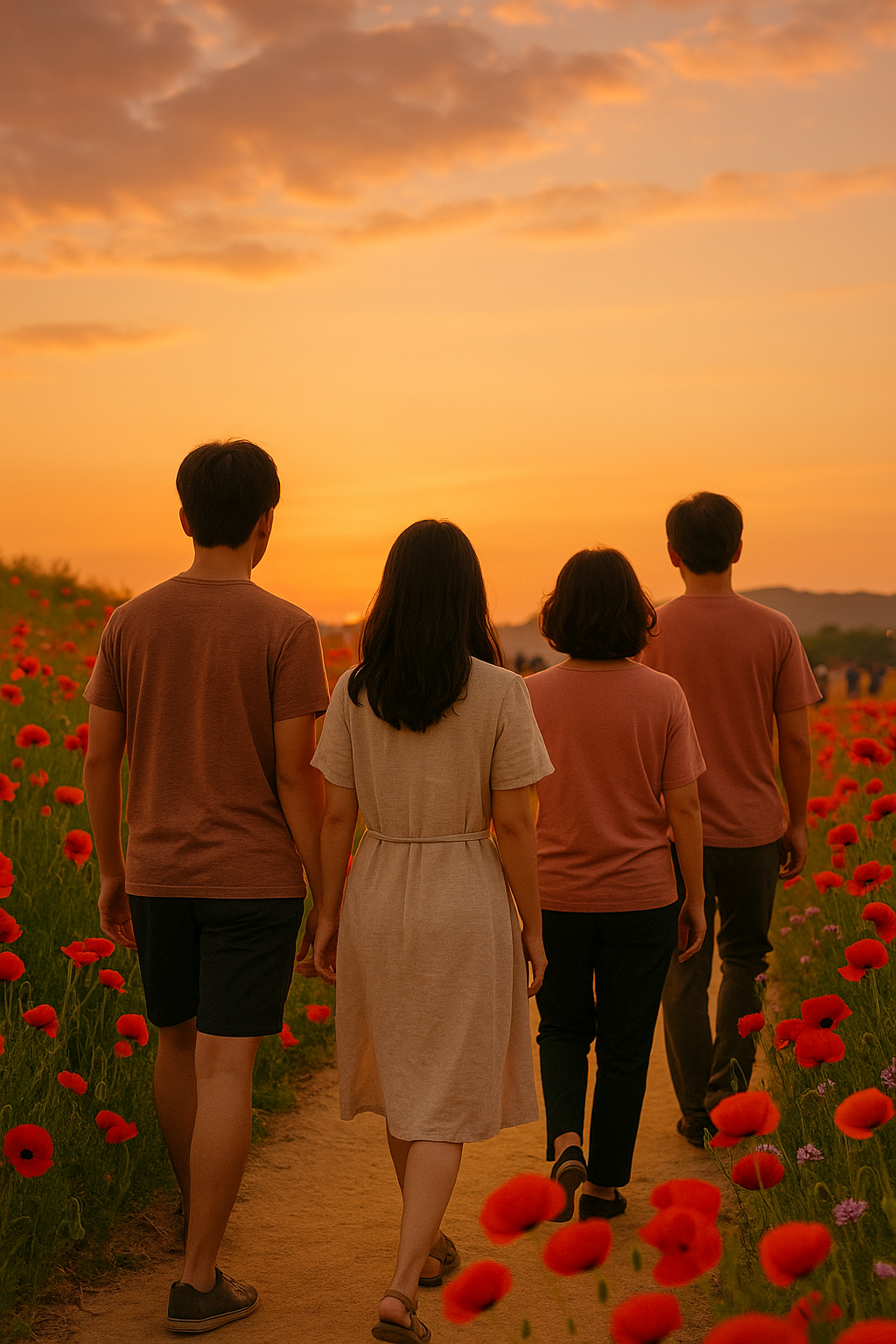 해질 무렵 황룡강 꽃길에서 걷는 사람들