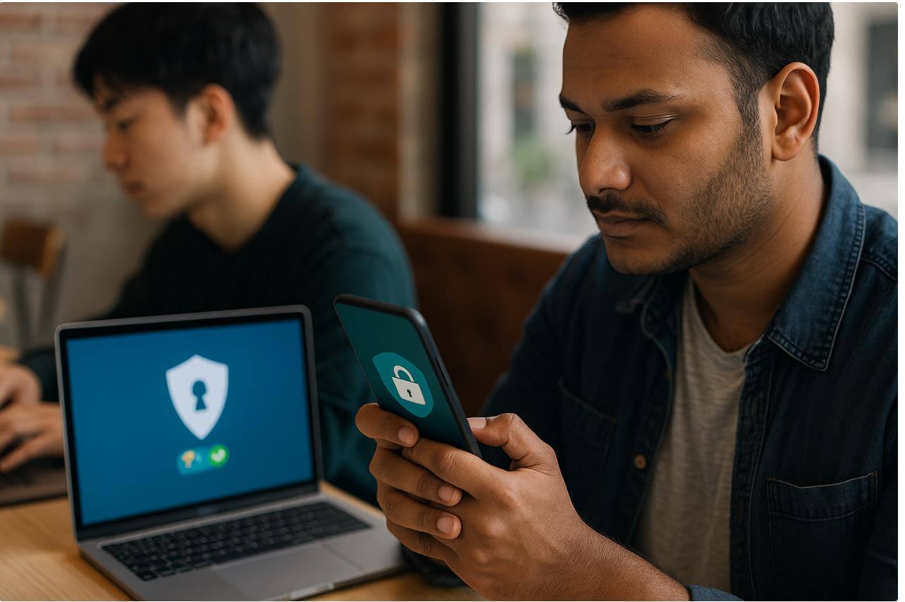 청년이 스마트폰과 노트북에서 VPN 보안 접속을 확인하는 모습