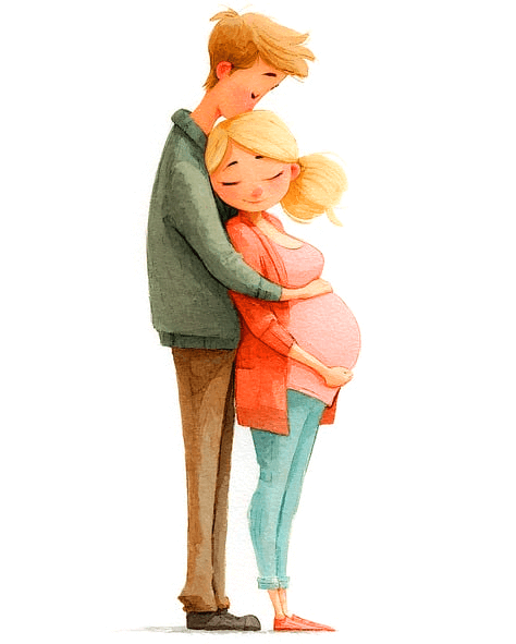 아빠가 배가 불룩한 임산부 부인을 뒤에서 안고 머리에 뽀뽀하고 있다.