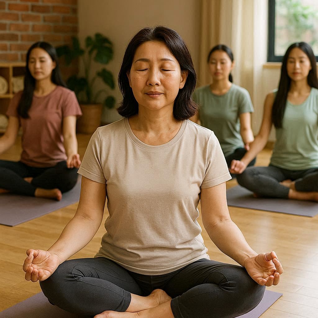 요가 수업에서 명상하는 장면