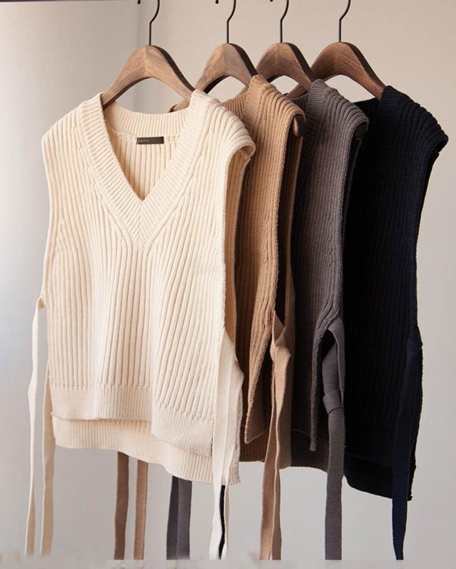 06159 봄 겨울 브이넥 옆트임조끼 레이어드 리본 니트베스트