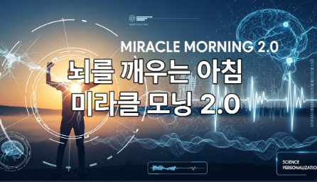 떠오르는 태양을 배경으로 팔을 들고 활기찬 포즈를 취한 사람의 실루엣. 뇌 과학과 개인 맞춤형 아침 루틴을 상징하는 밝고 현대적인 이미지로, 푸른색과 오렌지색이 조화를 이룹니다.