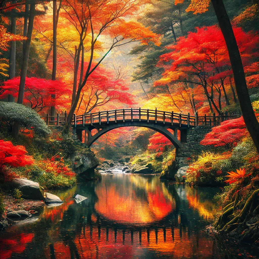 화담숲의 단풍나무와 고요한 개울 위에 놓인 작은 다리