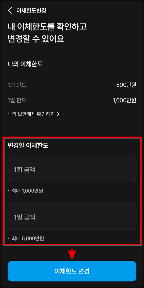변경할 이체한도를 입력하고 '이체한도 변경'을 선택