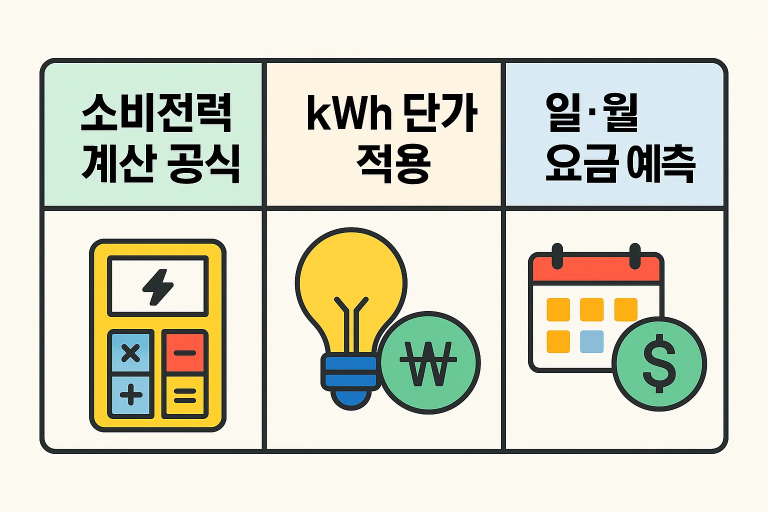 가열식 가습기의 소비전력 계산 공식 kWh 단가 적용 방법 일일 및 월간 요금 예측 흐름을 초보자도 이해하기 쉽게 구성한 2025년 전기료 계산 공식 요약 이미지