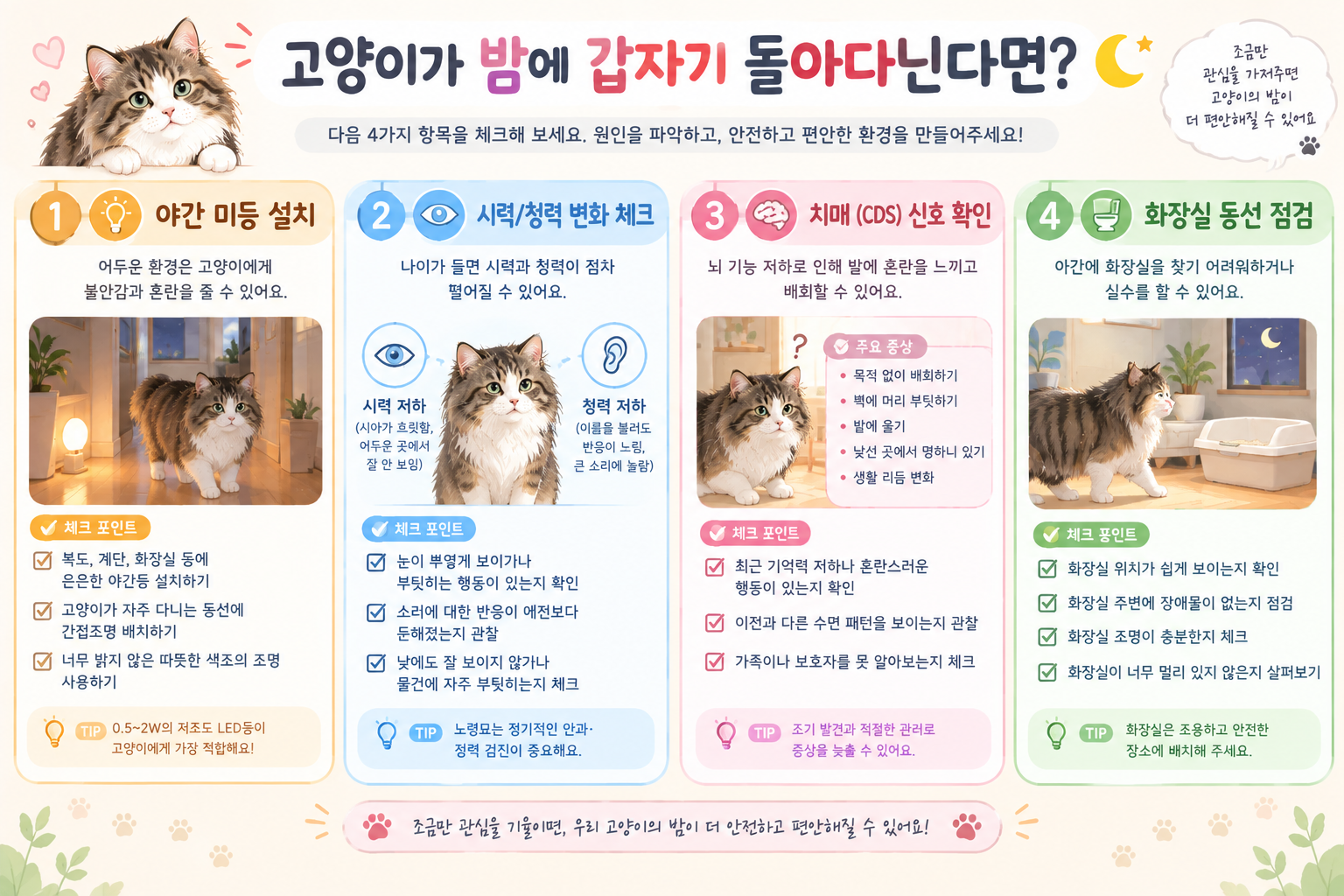 고양이 야간 배회 원인과 체크포인트를 정리한 인포그래픽